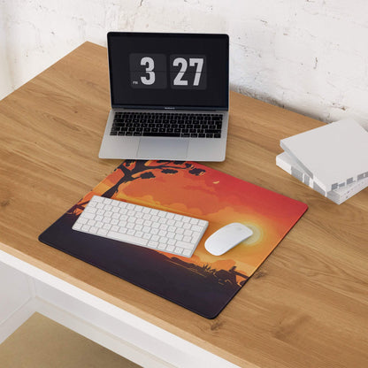 Stylized sunset gaming mouse pad with large size, non-slip edges, vibrant orange hues