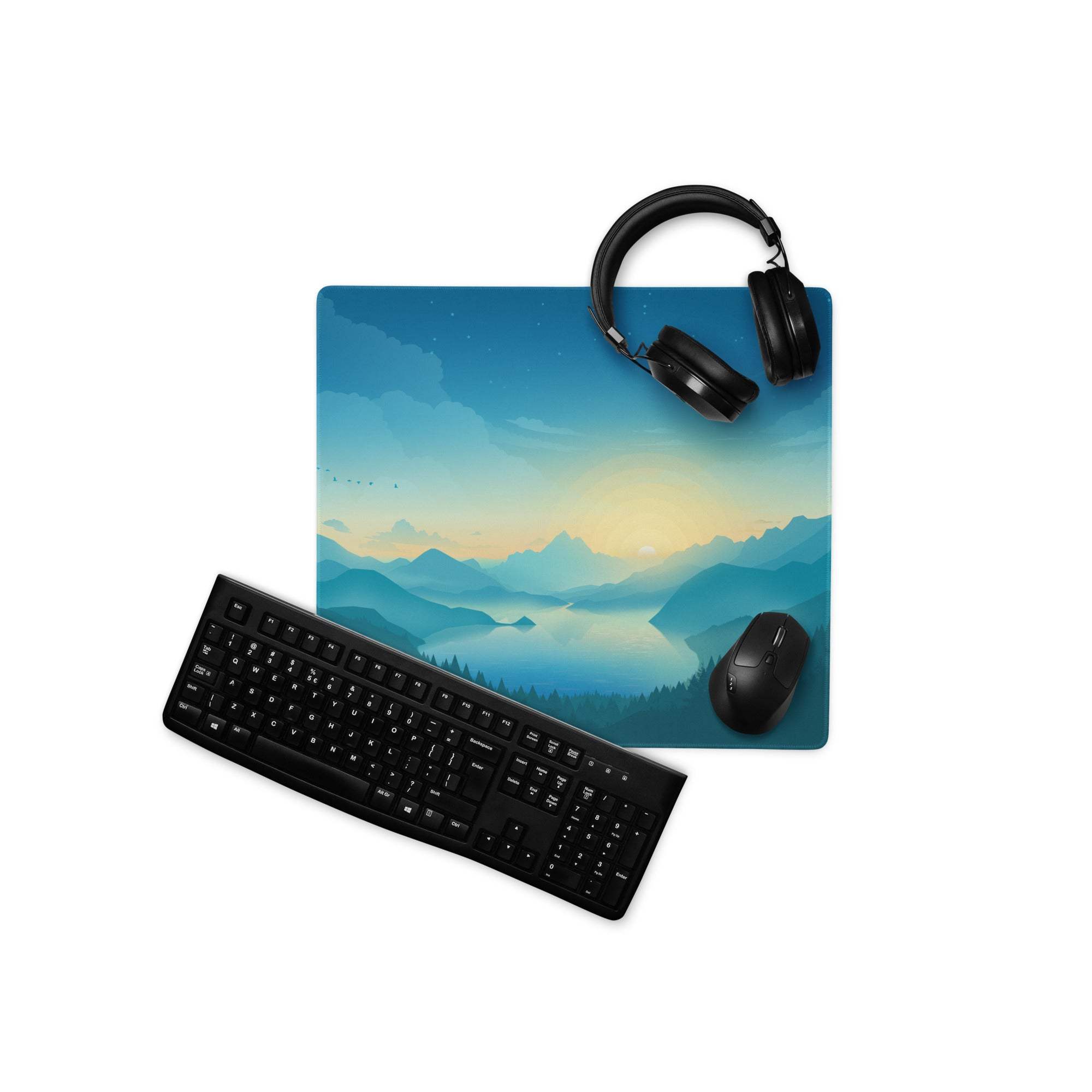 Dreamy Mountain Sunrise Blue Gradient Landscape Gaming Mouse Pad