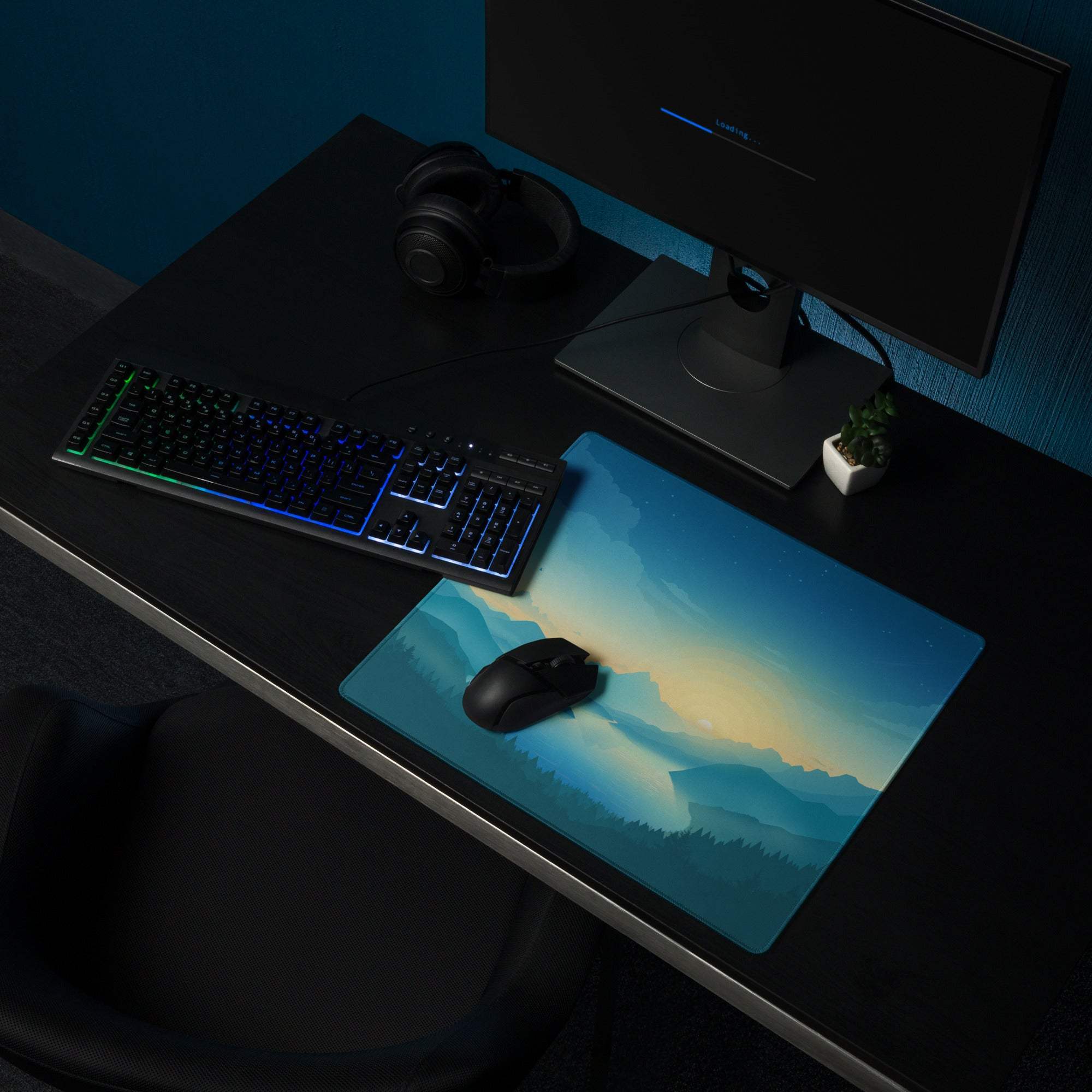 Blue gradient mountain landscape large gaming mouse pad