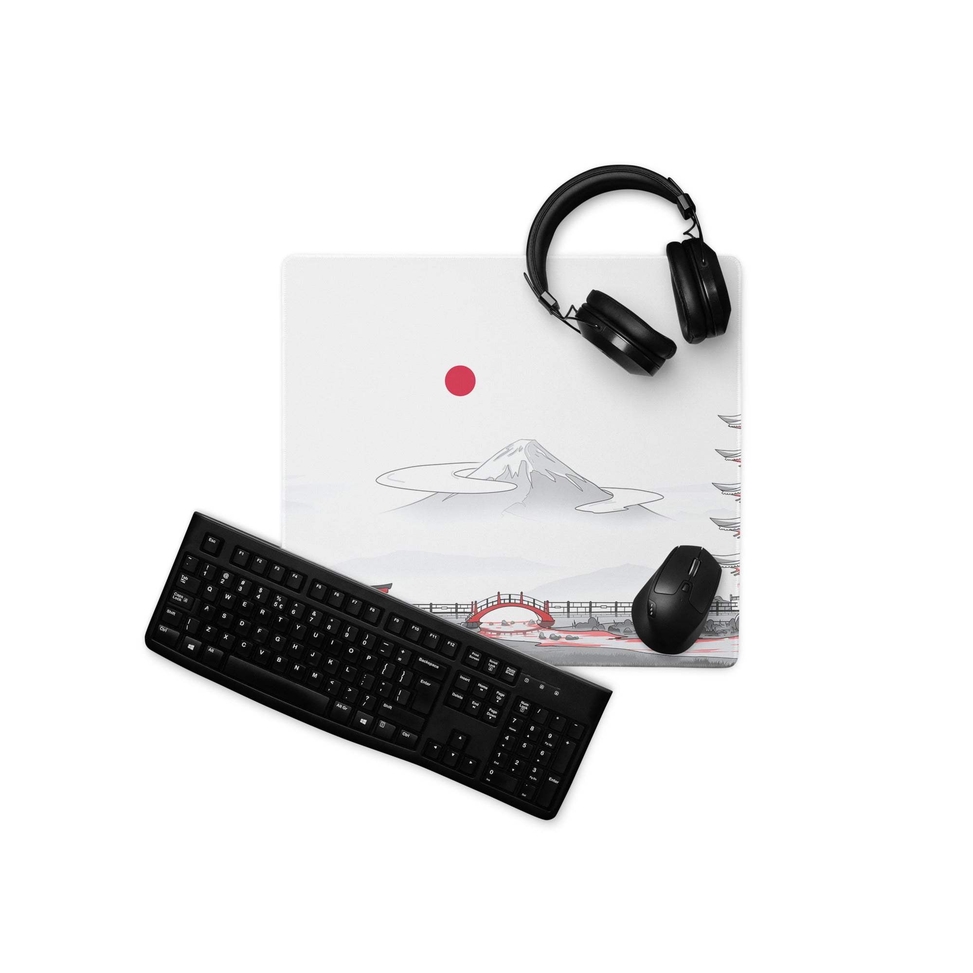 Japanese Zen Landscape white gaming mouse pad with Mount Fuji design