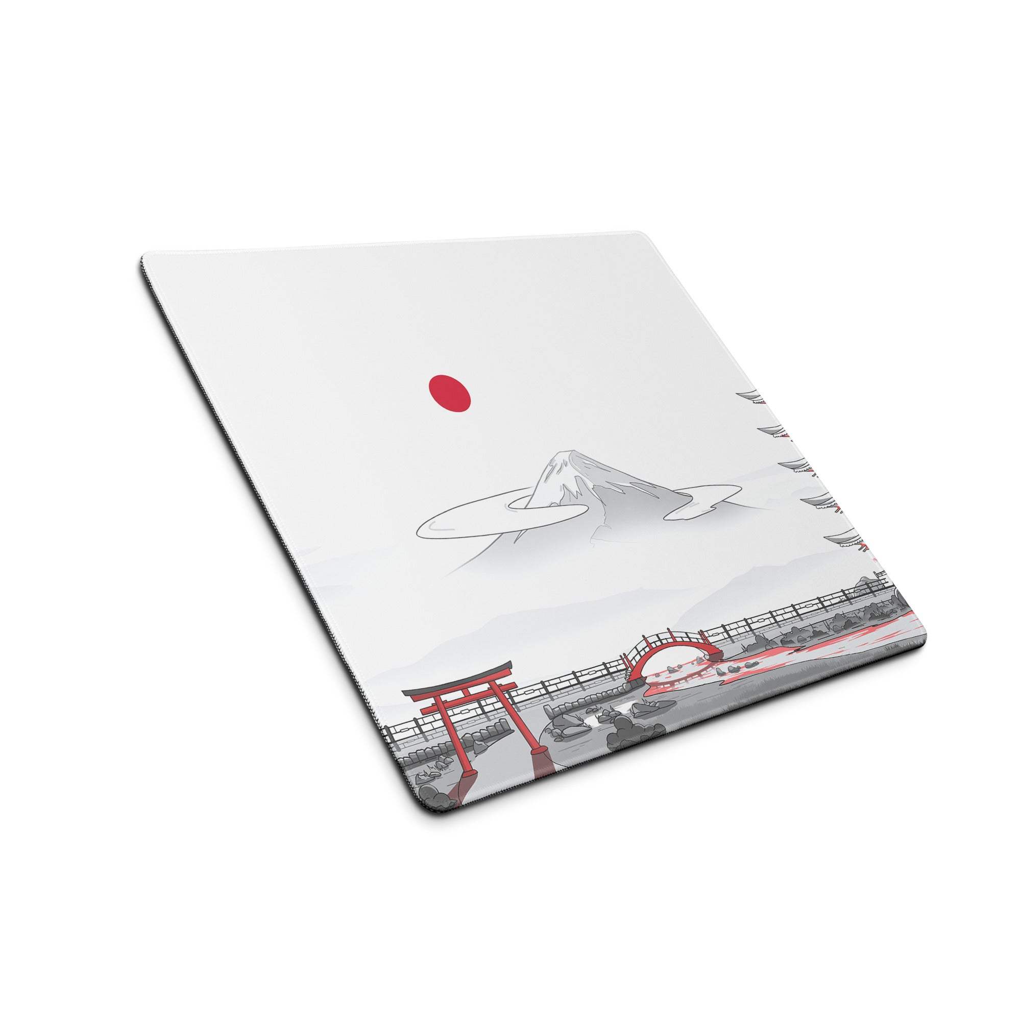 Japanese Zen Landscape white gaming mouse pad with Mount Fuji, torii gate, bridge