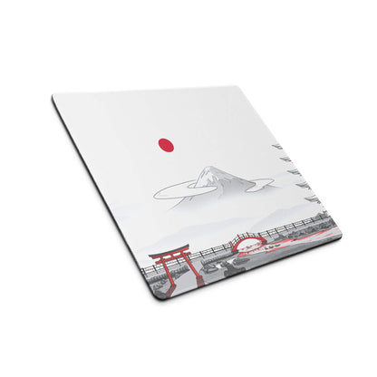 Japanese Zen Landscape white gaming mouse pad with Mount Fuji, torii gate, bridge