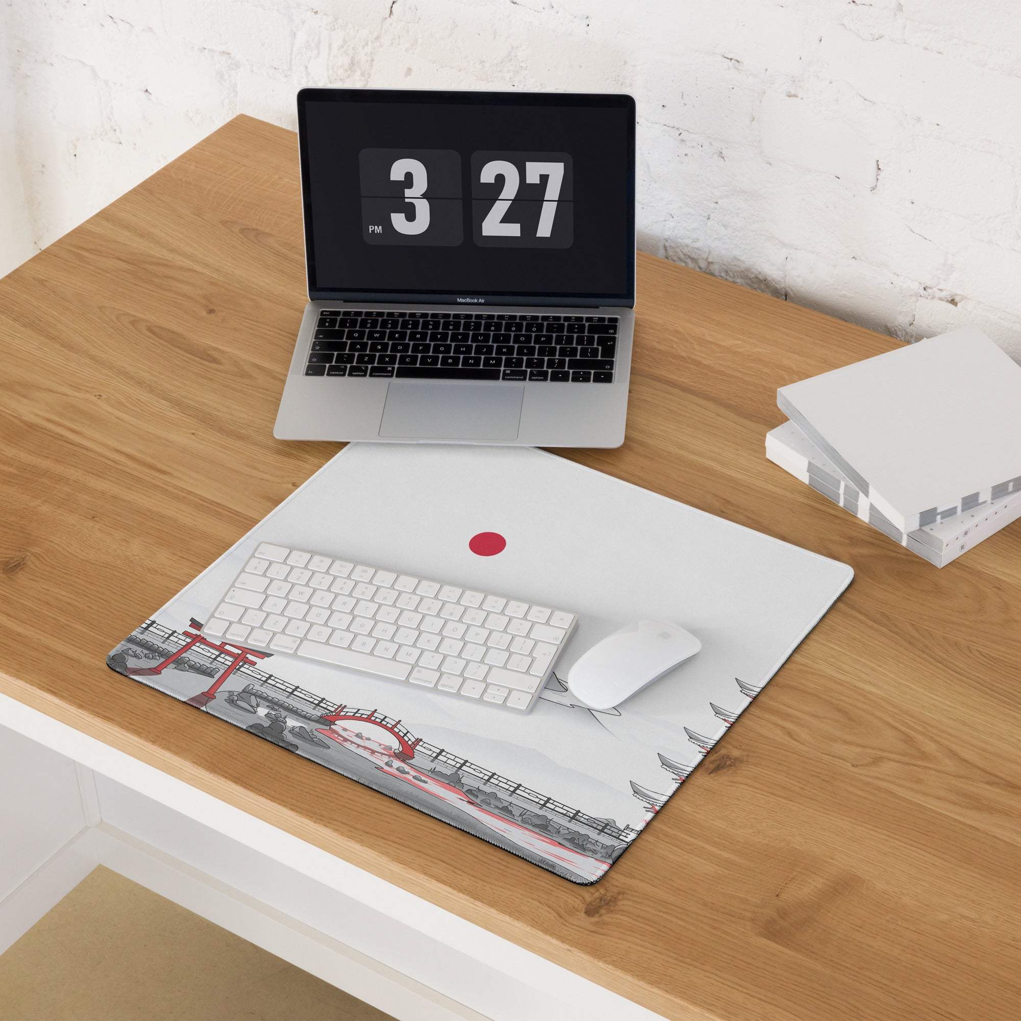 Japanese Zen Landscape white gaming mouse pad with red circle and architecture