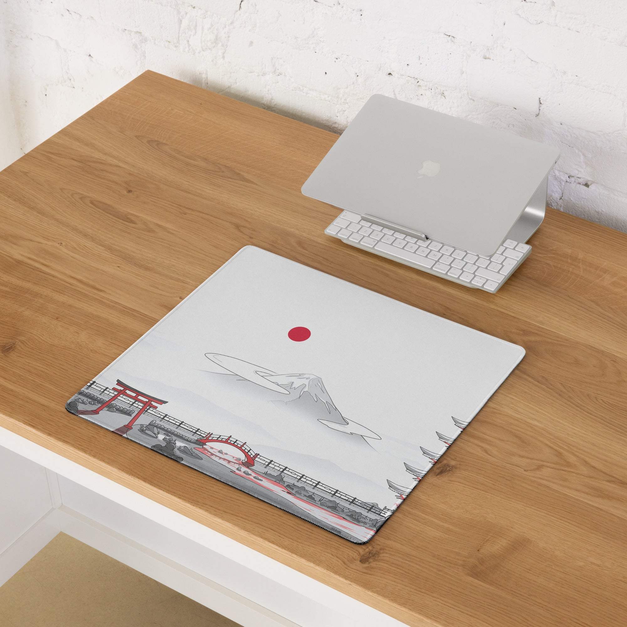 Japanese Zen Landscape white gaming mouse pad with Mount Fuji minimalist design