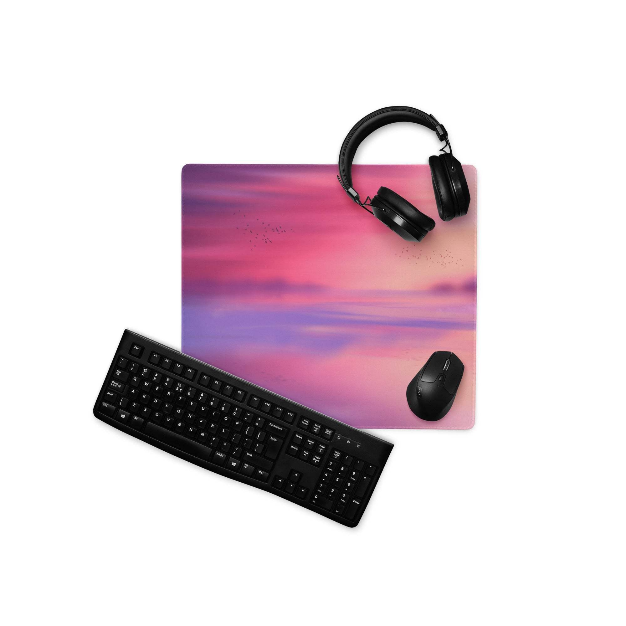 Pink purple gradient sunset gaming mousepad with bird silhouette large