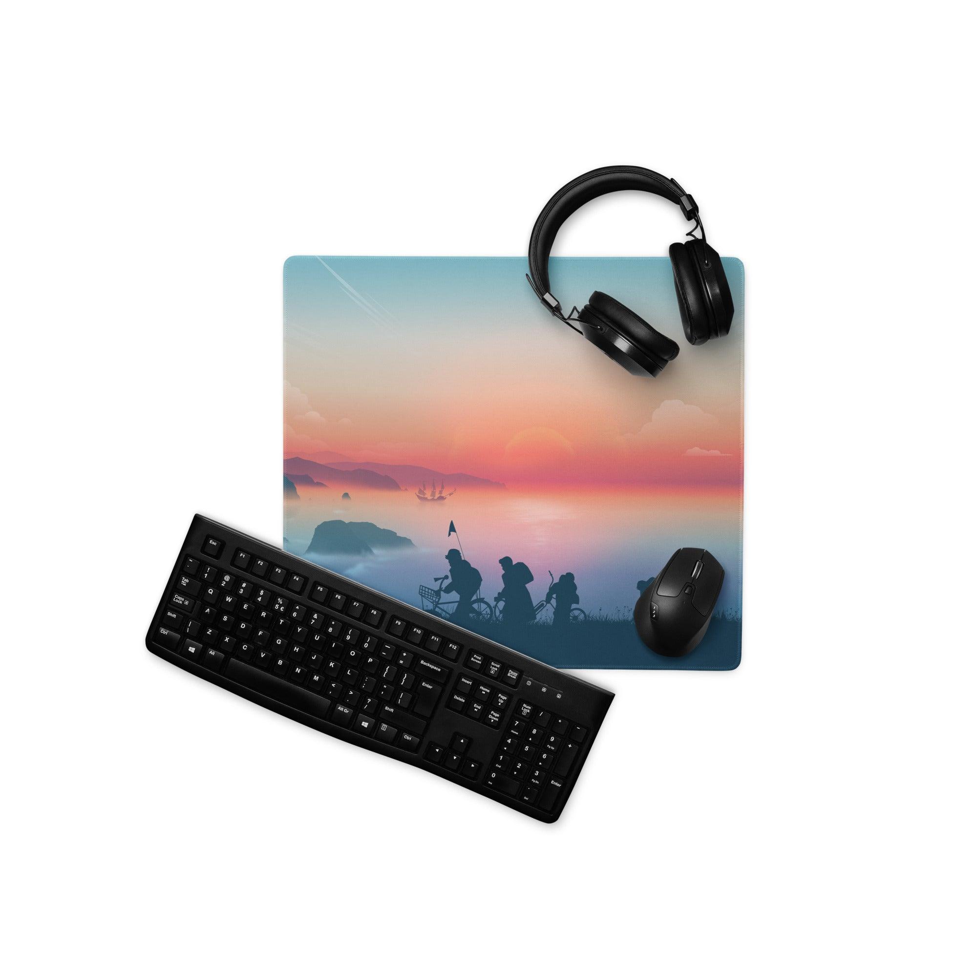 Epic Sunset Landscape gaming mouse pad with orange pink hues, cyclists, boats, non-slip base