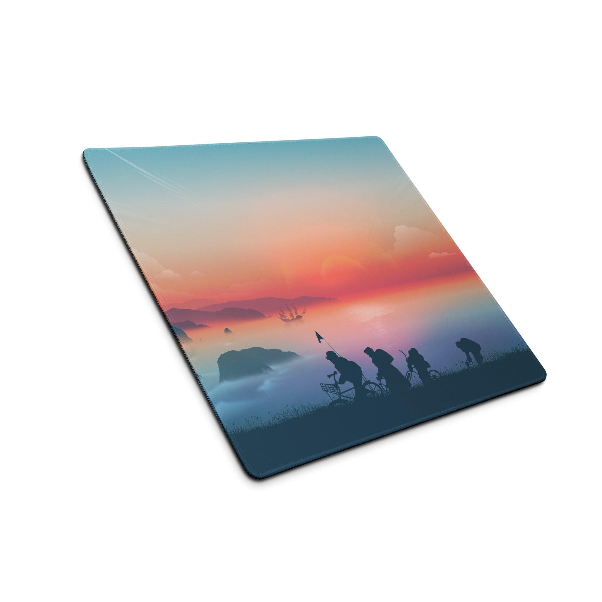 Epic Sunset gaming mouse pad with orange pink hues, sunset cyclists, non-slip base