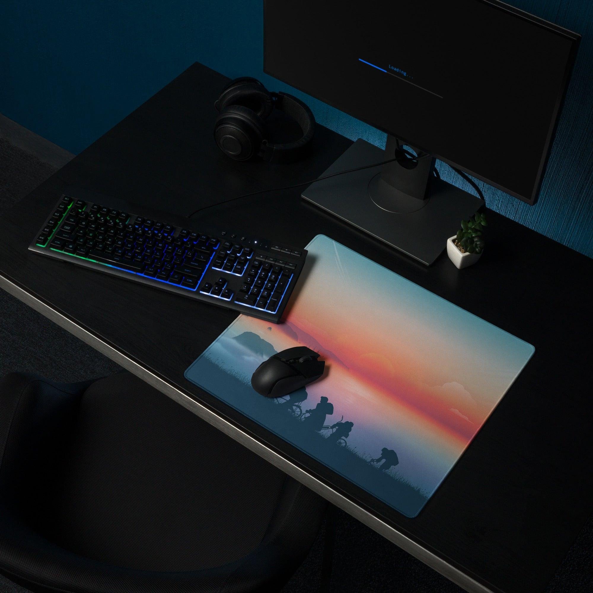 Epic sunset gaming mouse pad with orange-pink hues, horseback silhouettes, non-slip base