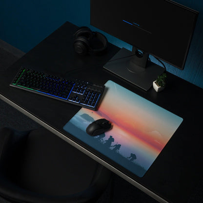 Epic sunset gaming mouse pad with orange-pink hues, horseback silhouettes, non-slip base