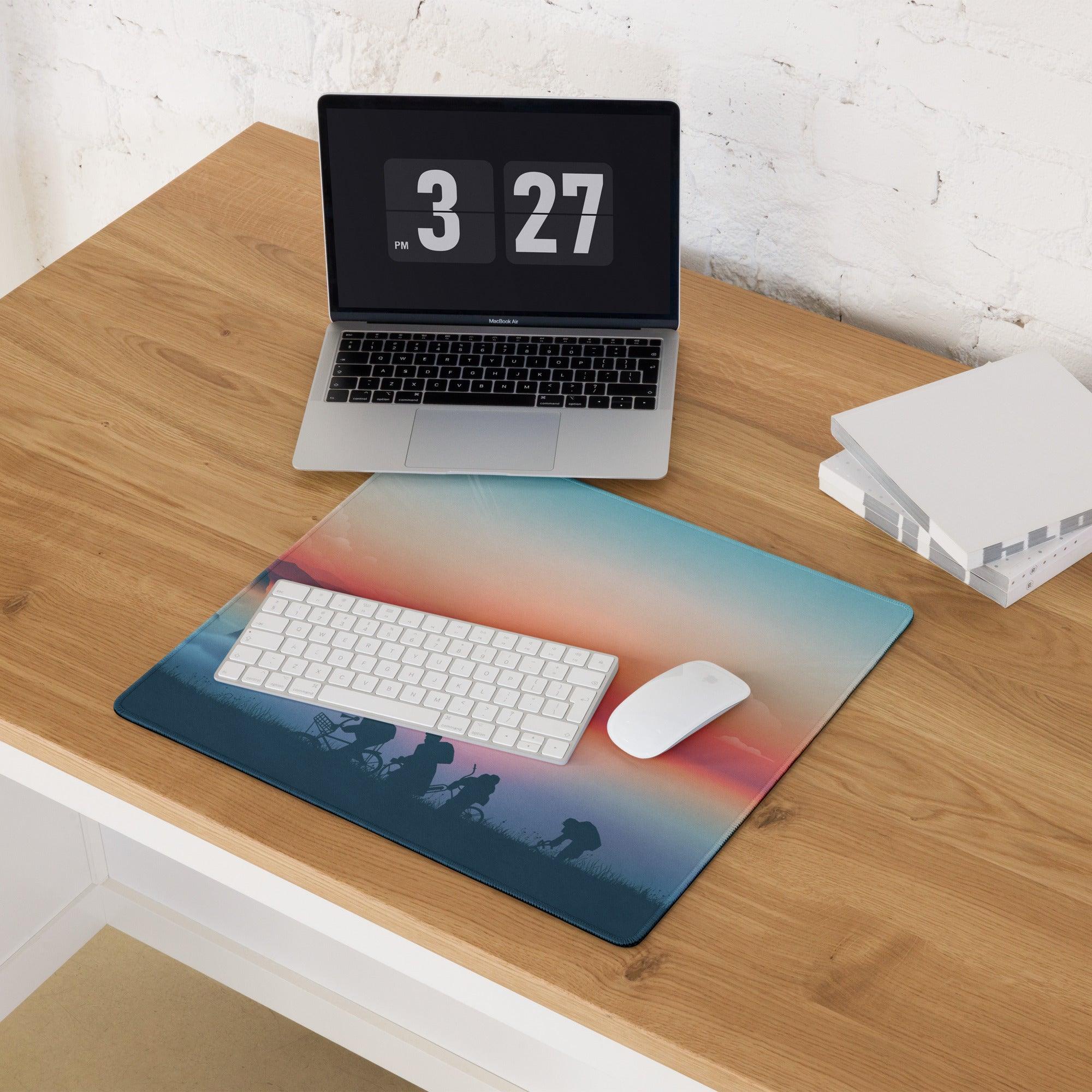Epic sunset gaming mouse pad with orange pink gradient sky silhouette