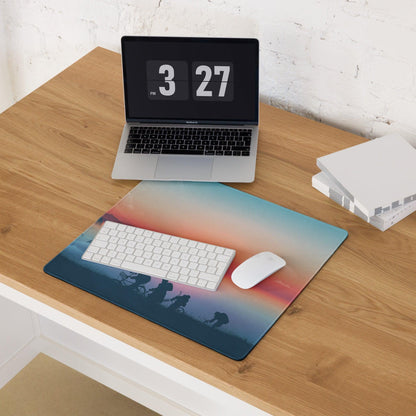 Epic sunset gaming mouse pad with orange pink gradient sky silhouette