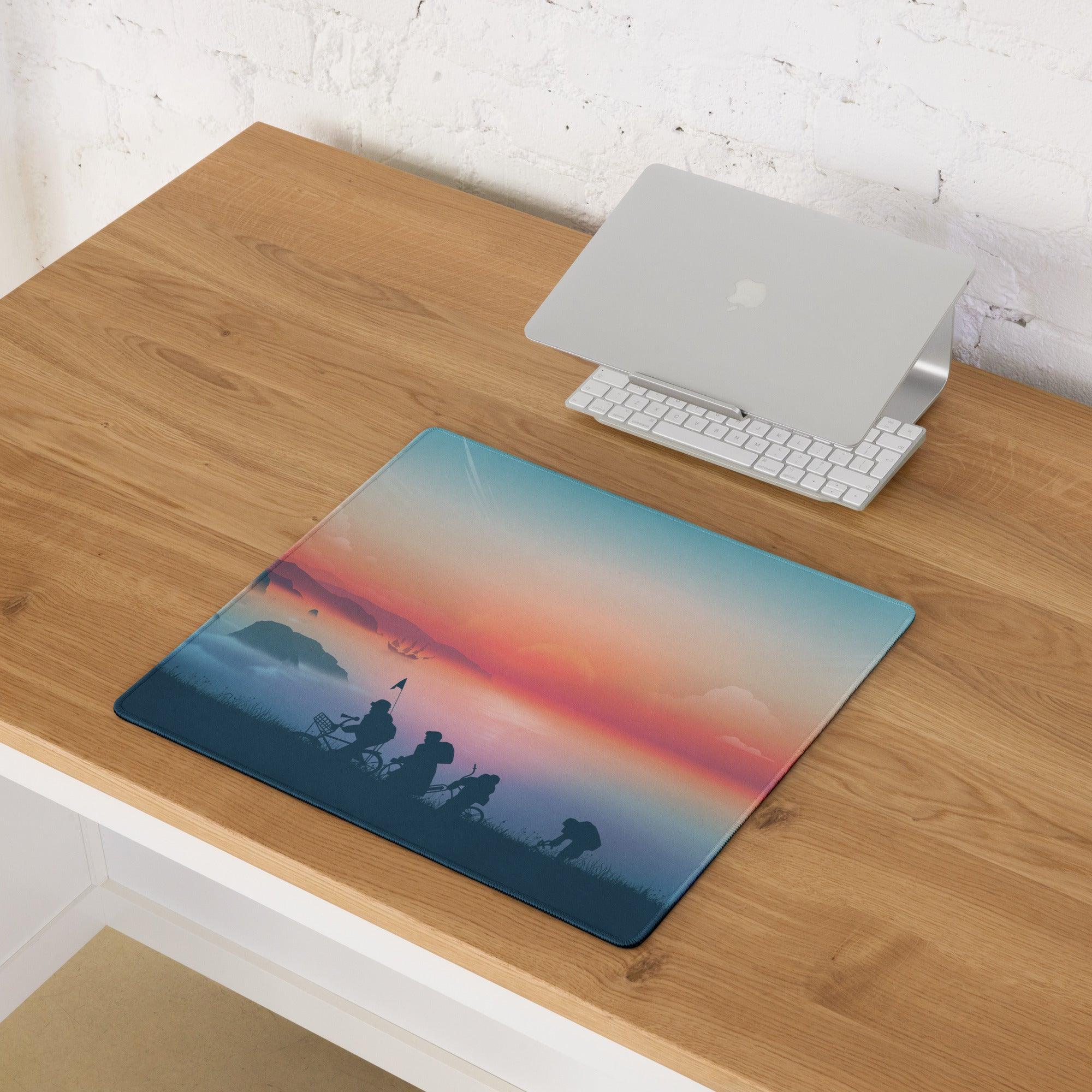 Epic Sunset Landscape Gaming Mouse Pad with orange pink sunset silhouettes