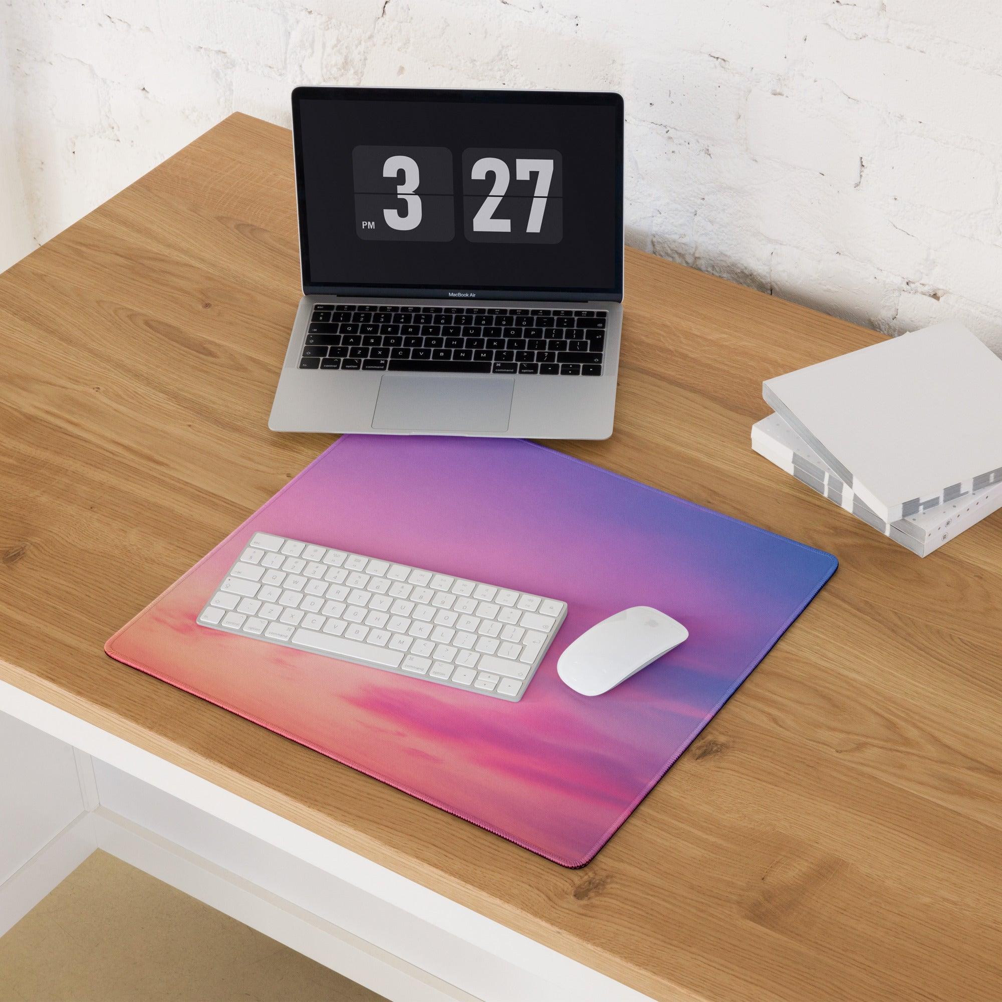 Dreamy gradient large gaming mouse pad with pink to purple blue fade, non-slip backing and stitched edges