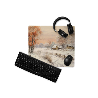 Large nature-inspired snowy winter landscape gaming mouse pad with non-slip base