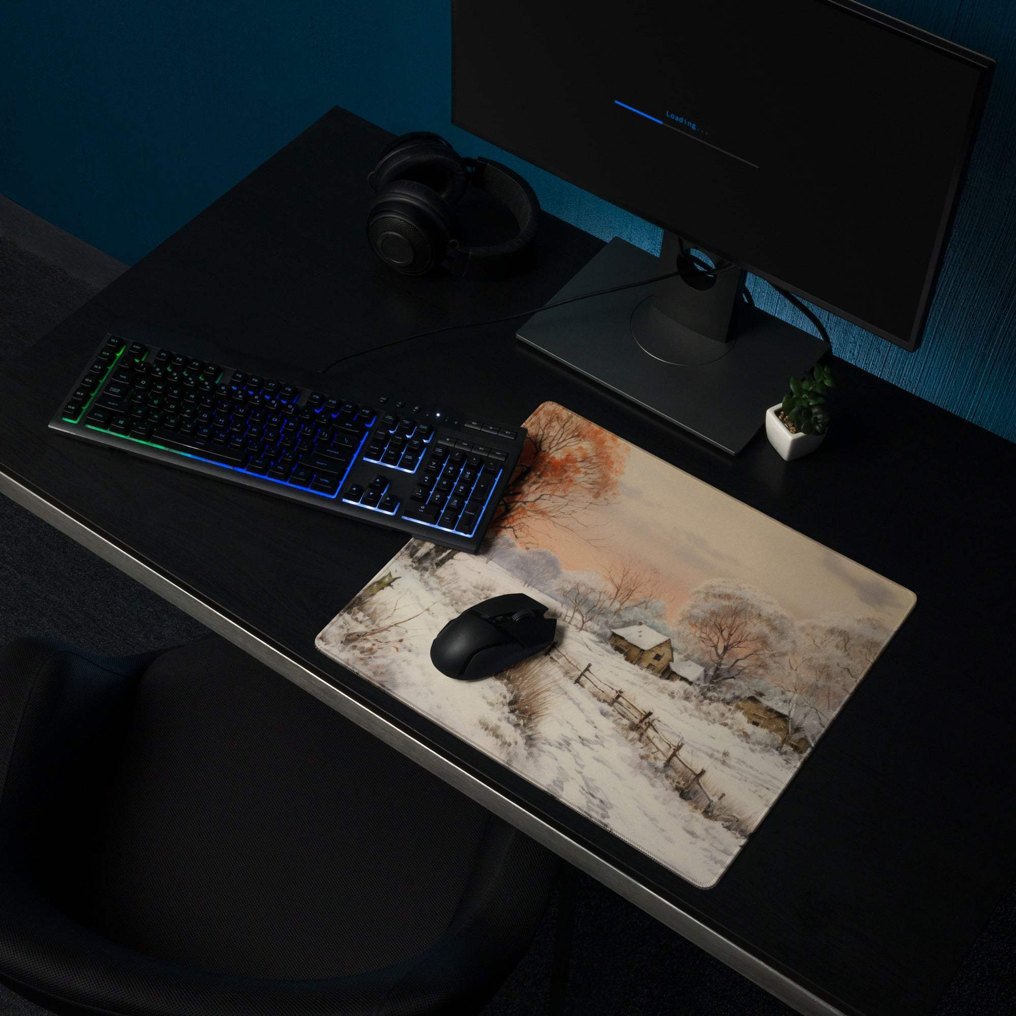 Large nature-inspired snowy winter landscape gaming mouse pad with non-slip base