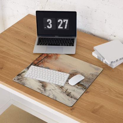 Large nature-inspired snowy winter landscape gaming mouse pad with non-slip base