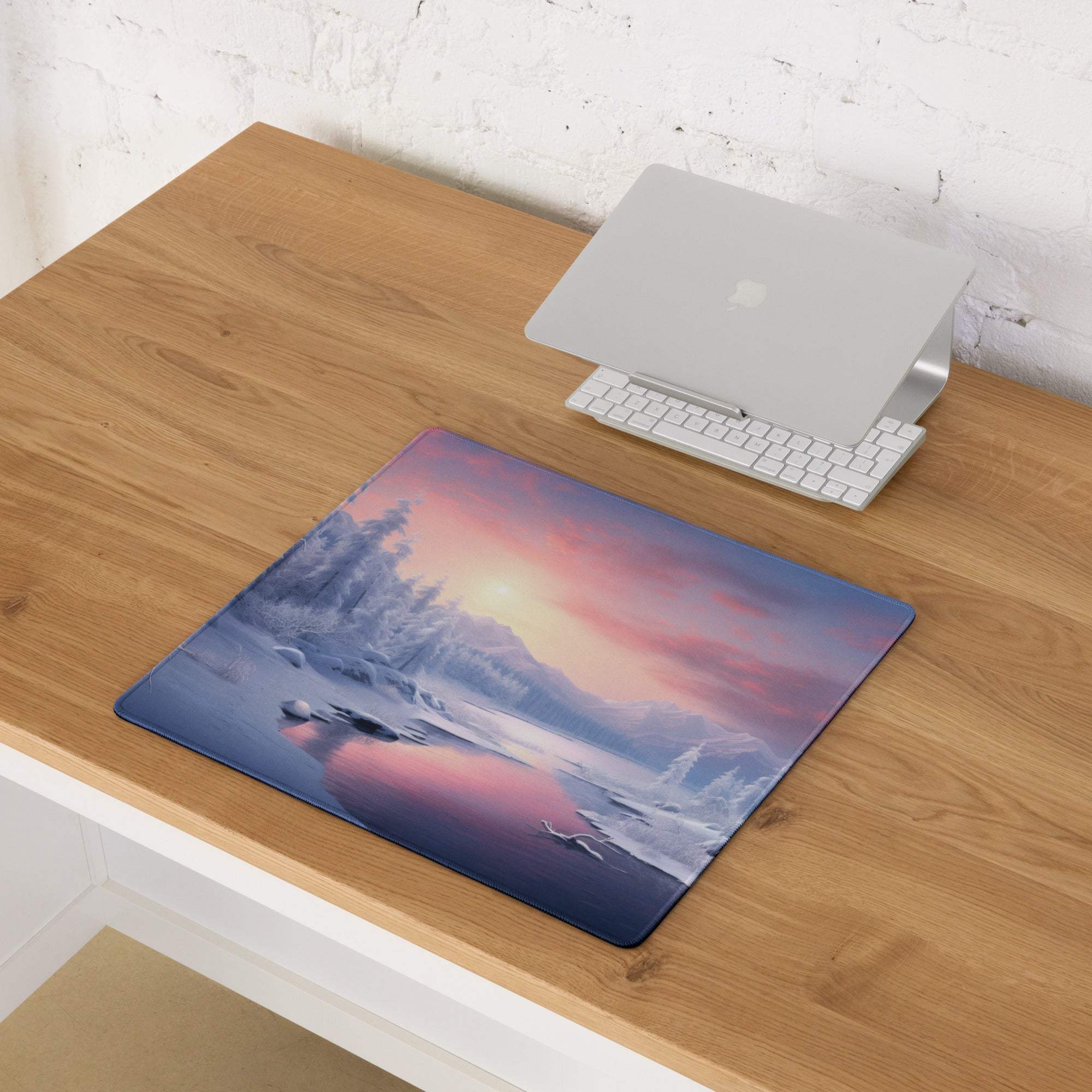 Winter landscape gaming mouse pad with snowy mountains sunset, non-slip base