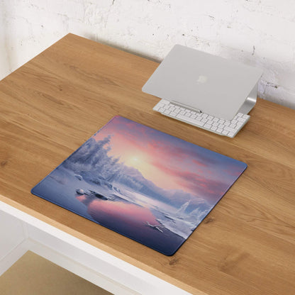 Winter landscape gaming mouse pad with snowy mountains sunset, non-slip base