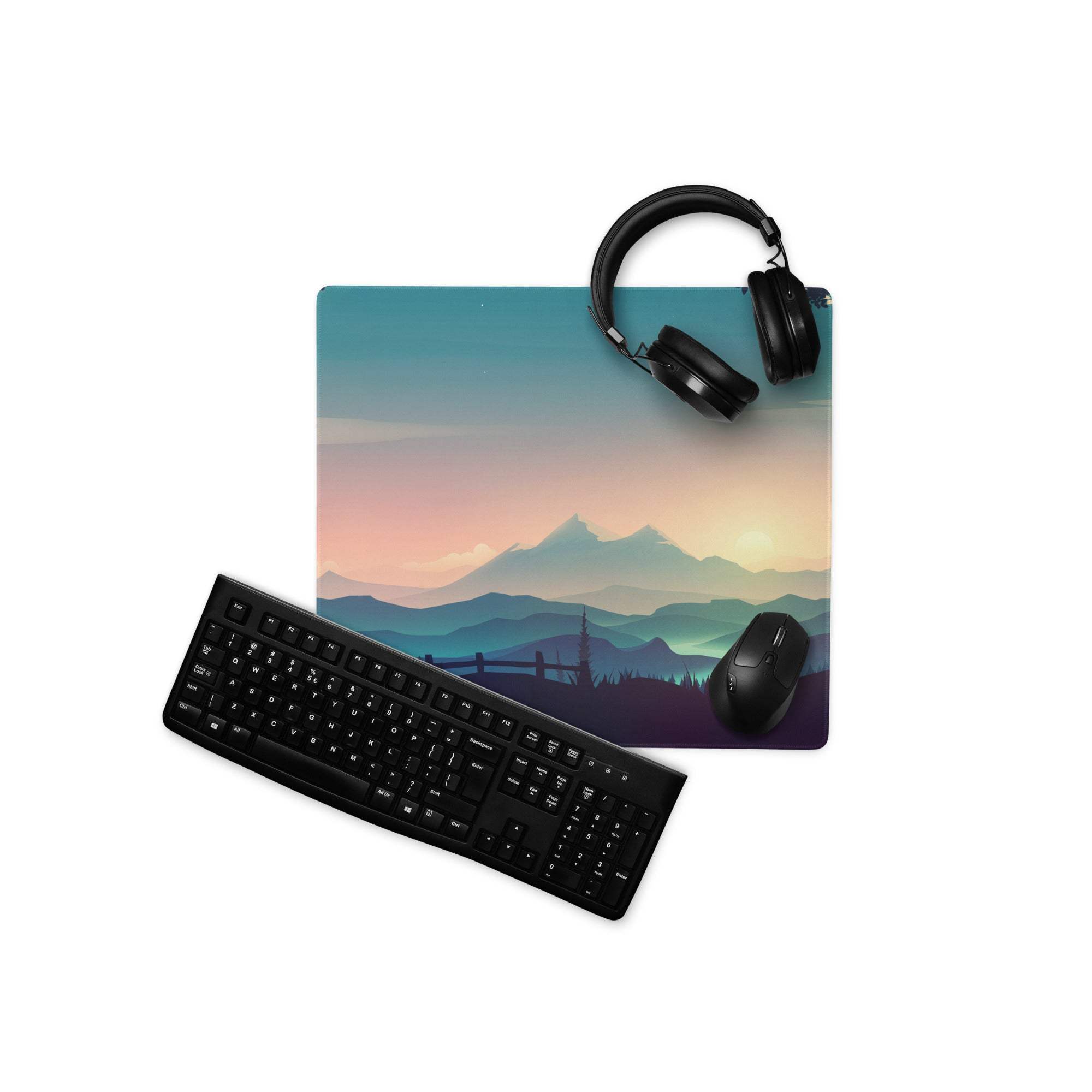 Serene Mountain Sunset gaming mouse pad in teal pink purple hues