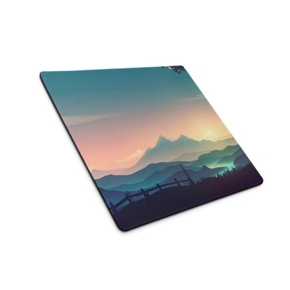 Serene mountain sunset gaming mouse pad with non-slip base and edge stitching