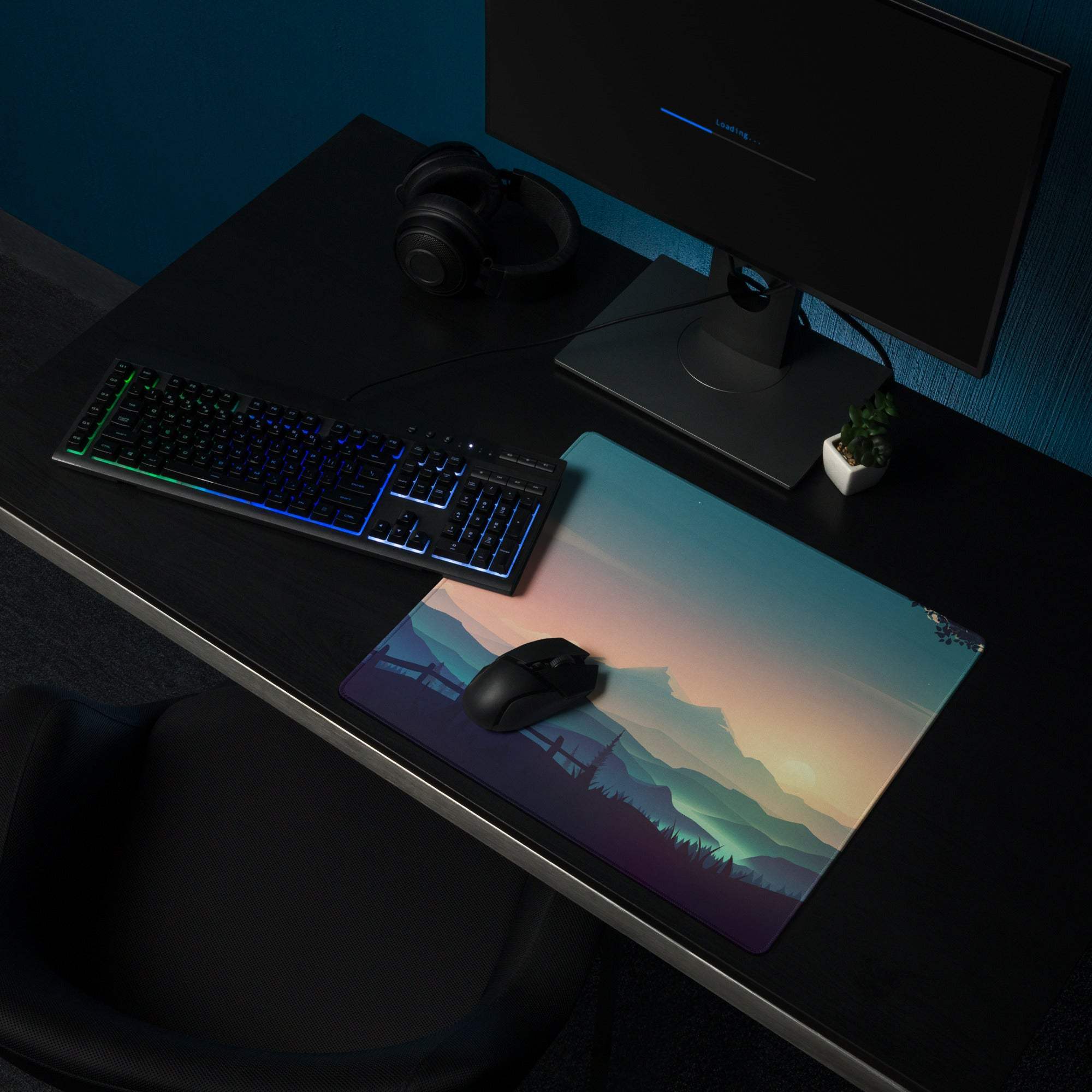 Serene Mountain Sunset gaming mouse pad with non-slip base