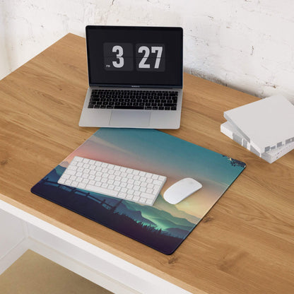 Serene mountain sunset gaming mouse pad with teal-blue-orange gradient, non-slip base