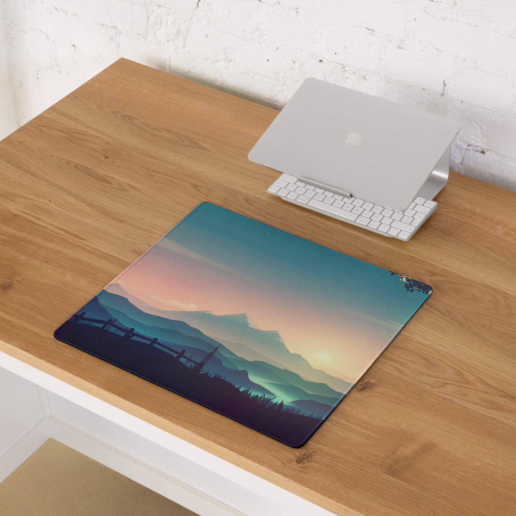 Serene mountain sunset gaming mouse pad with teal pink orange gradients non-slip base