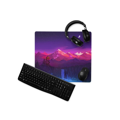 Vibrant purple pink mountain night sky gaming mousepad with water tower