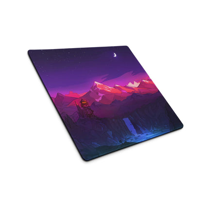 Vibrant purple pink mountain night sky gaming mousepad with moon stars