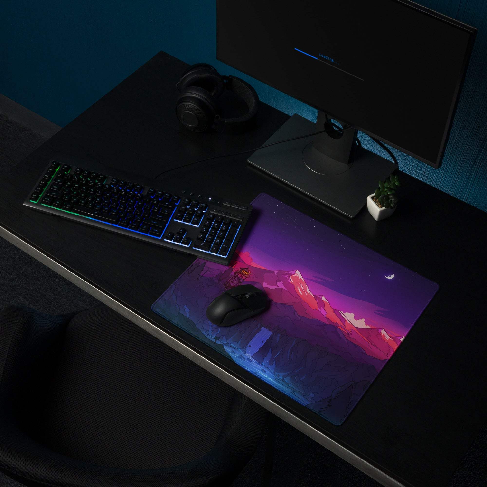 Vibrant purple pink mountain night sky gaming mouse pad with crescent moon, large size, non-slip edges