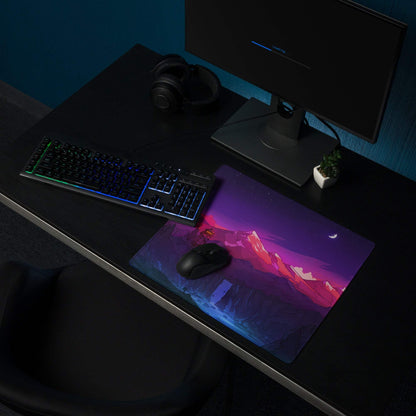 Vibrant purple pink mountain night sky gaming mouse pad with crescent moon, large size, non-slip edges