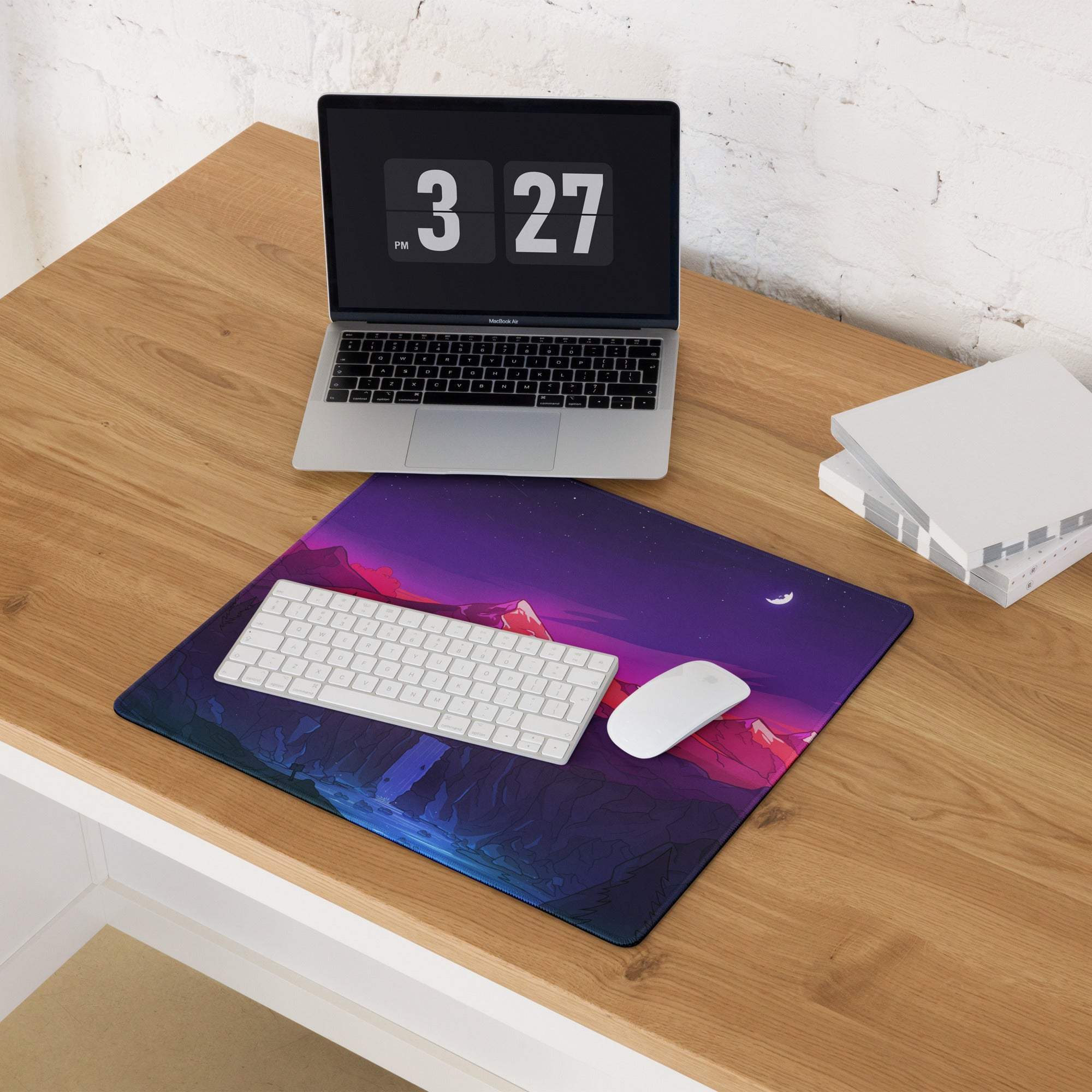 Vibrant purple pink gradient mountain night sky gaming mouse pad with crescent moon