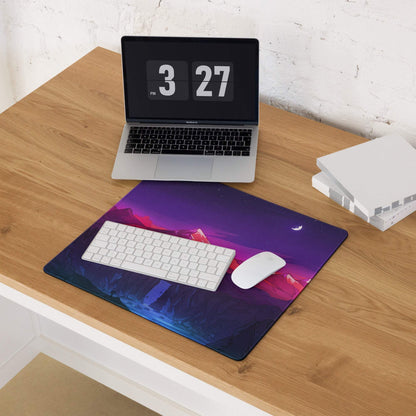 Vibrant purple pink gradient mountain night sky gaming mouse pad with crescent moon