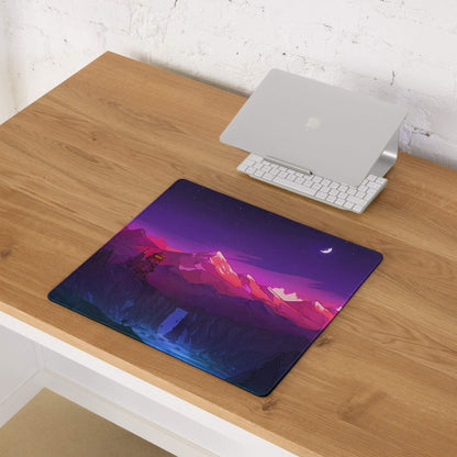 Vibrant purple pink mountain night sky gaming mouse pad with crescent moon