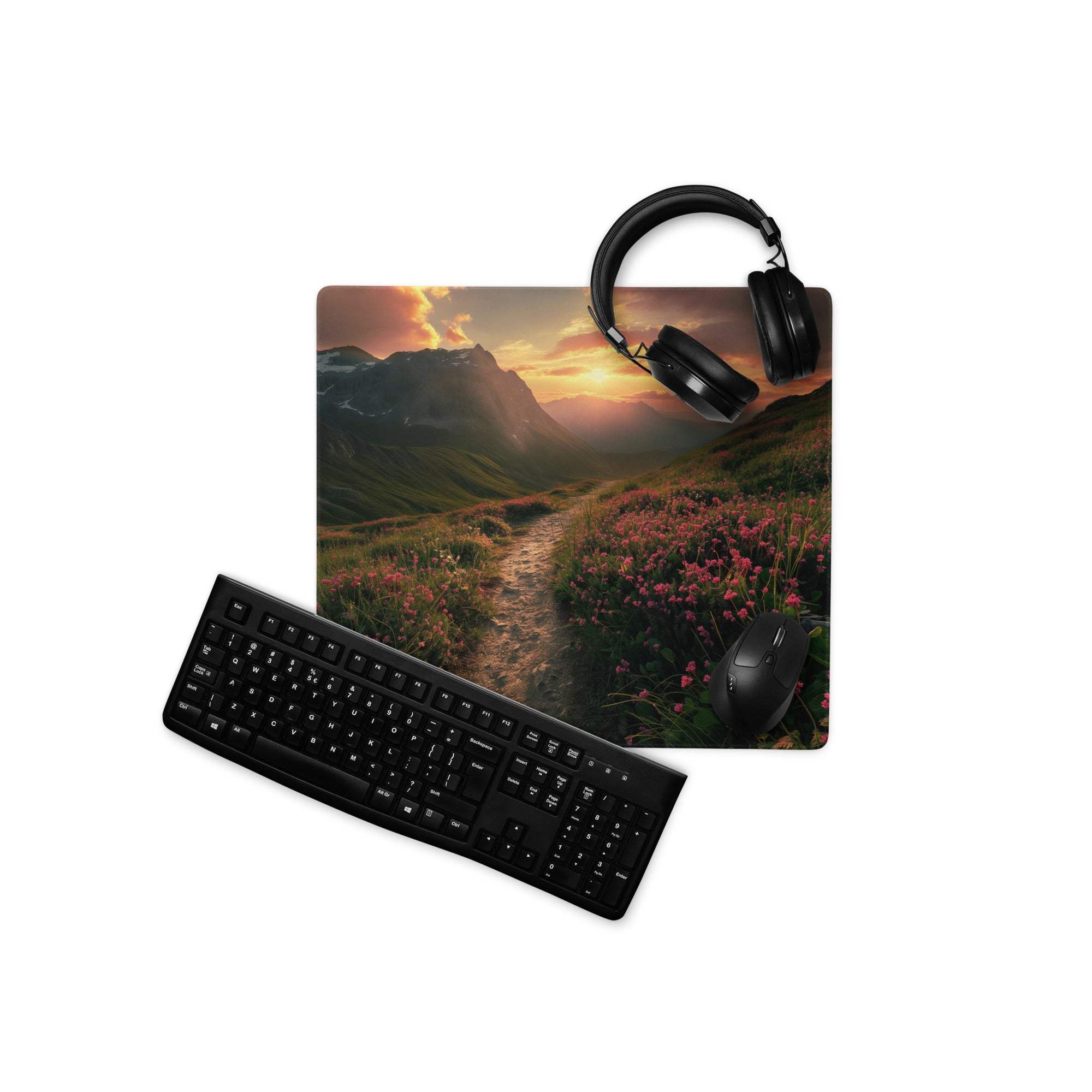 Epic sunset mountain trail mousepad with black keyboard, mouse, headphones