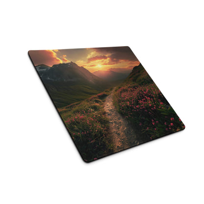Epic sunset mountain landscape with flower field gaming mouse pad
