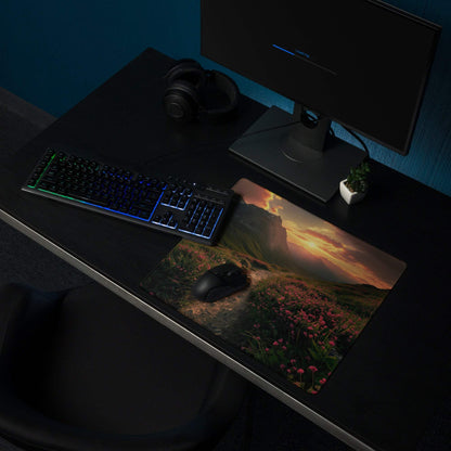 Epic sunset mountain landscape with pink flower field gaming mouse pad
