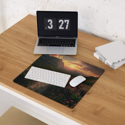 Epic sunset mountain landscape with pink wildflowers gaming mouse pad