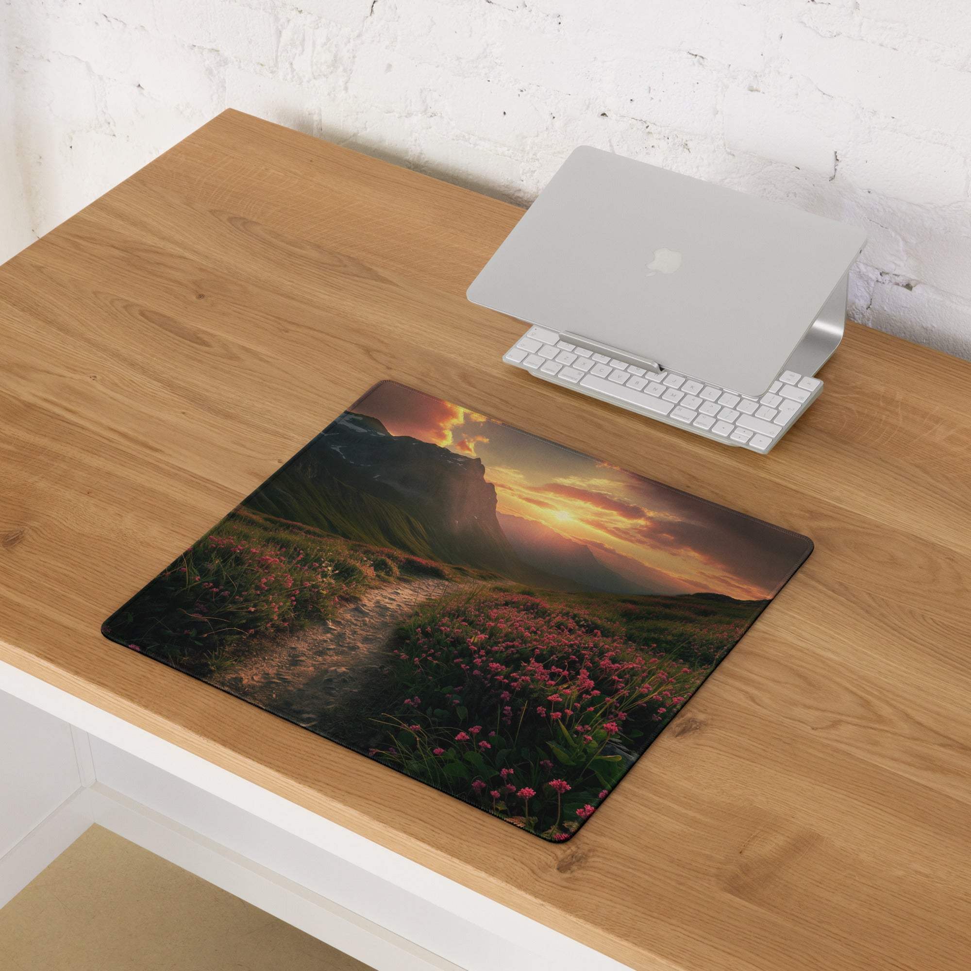 Epic sunset mountain landscape with flower field gaming mouse pad