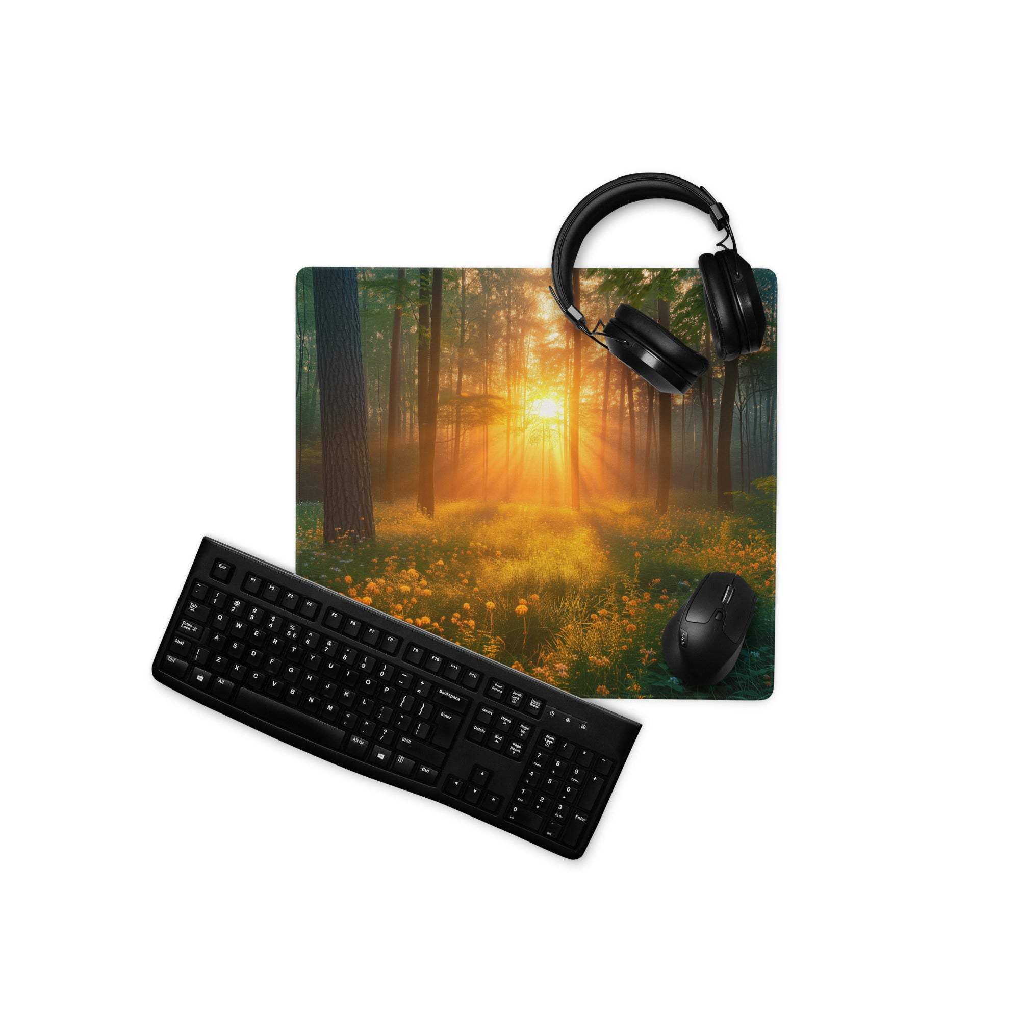 Black keyboard, mouse on forest sunrise gaming mousepad with headphones