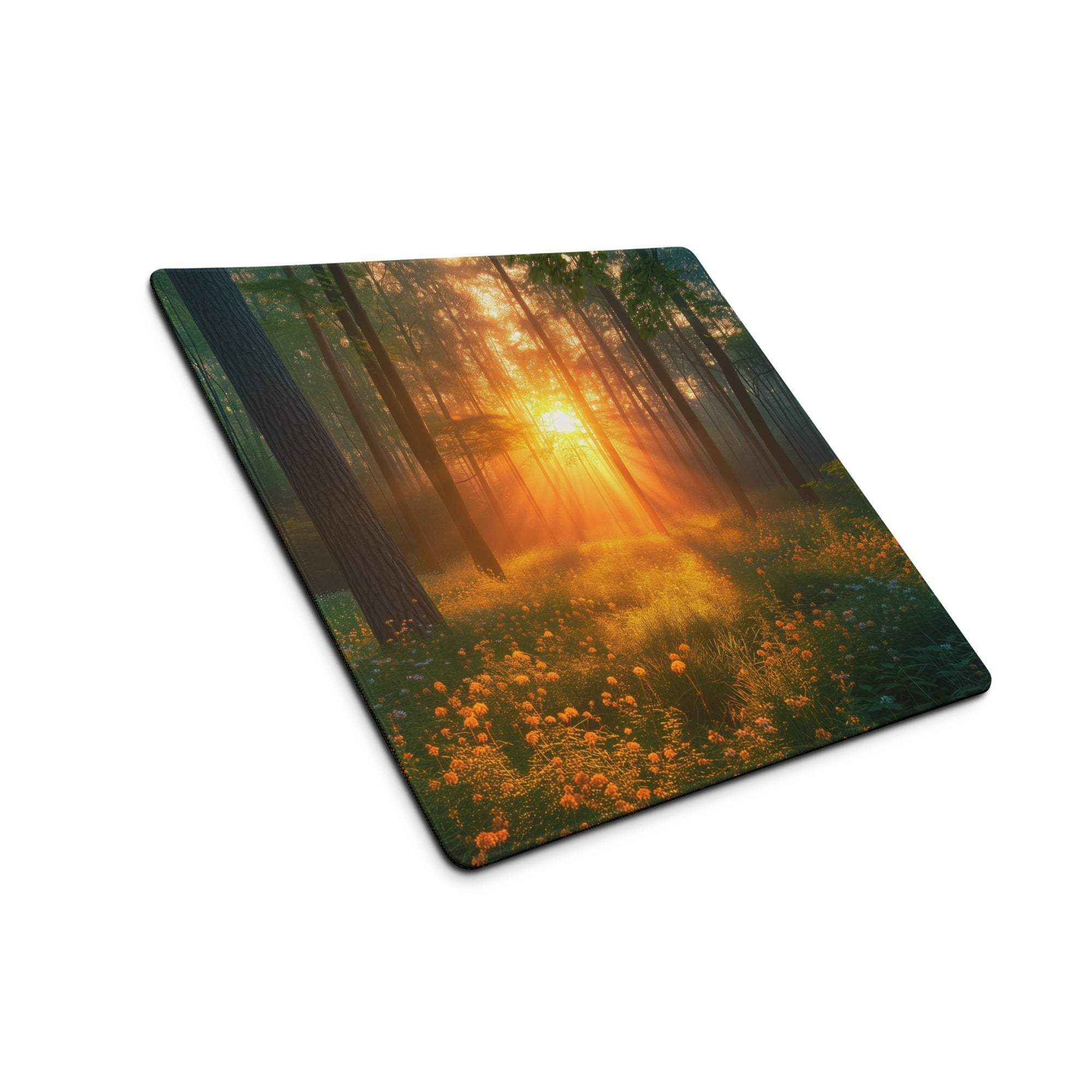 Forest Sunrise large gaming mouse pad with vivid forest scene and non-slip base