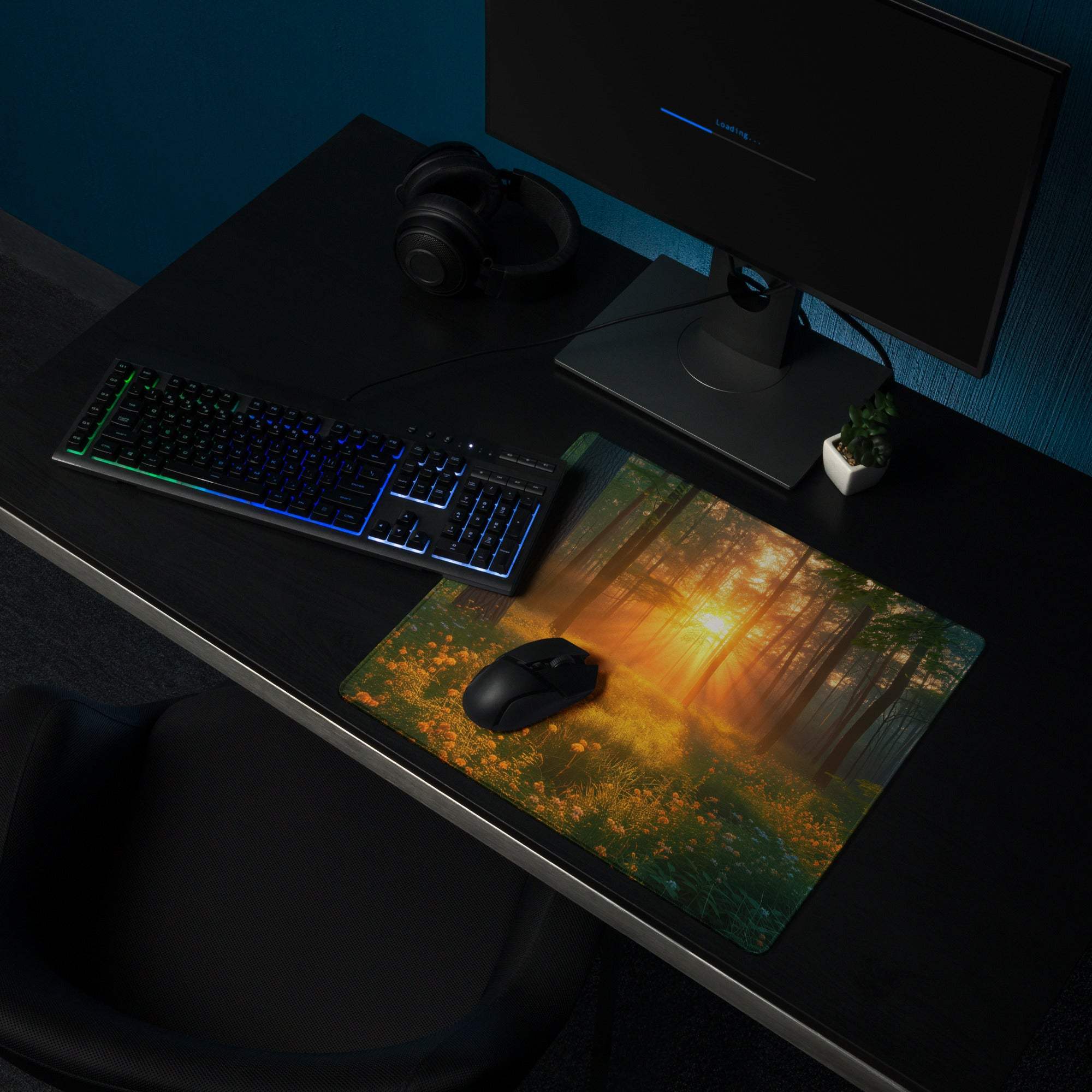 Forest Sunrise large gaming mouse pad with vivid forest scene and non-slip base