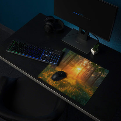 Forest Sunrise large gaming mouse pad with vivid forest scene and non-slip base