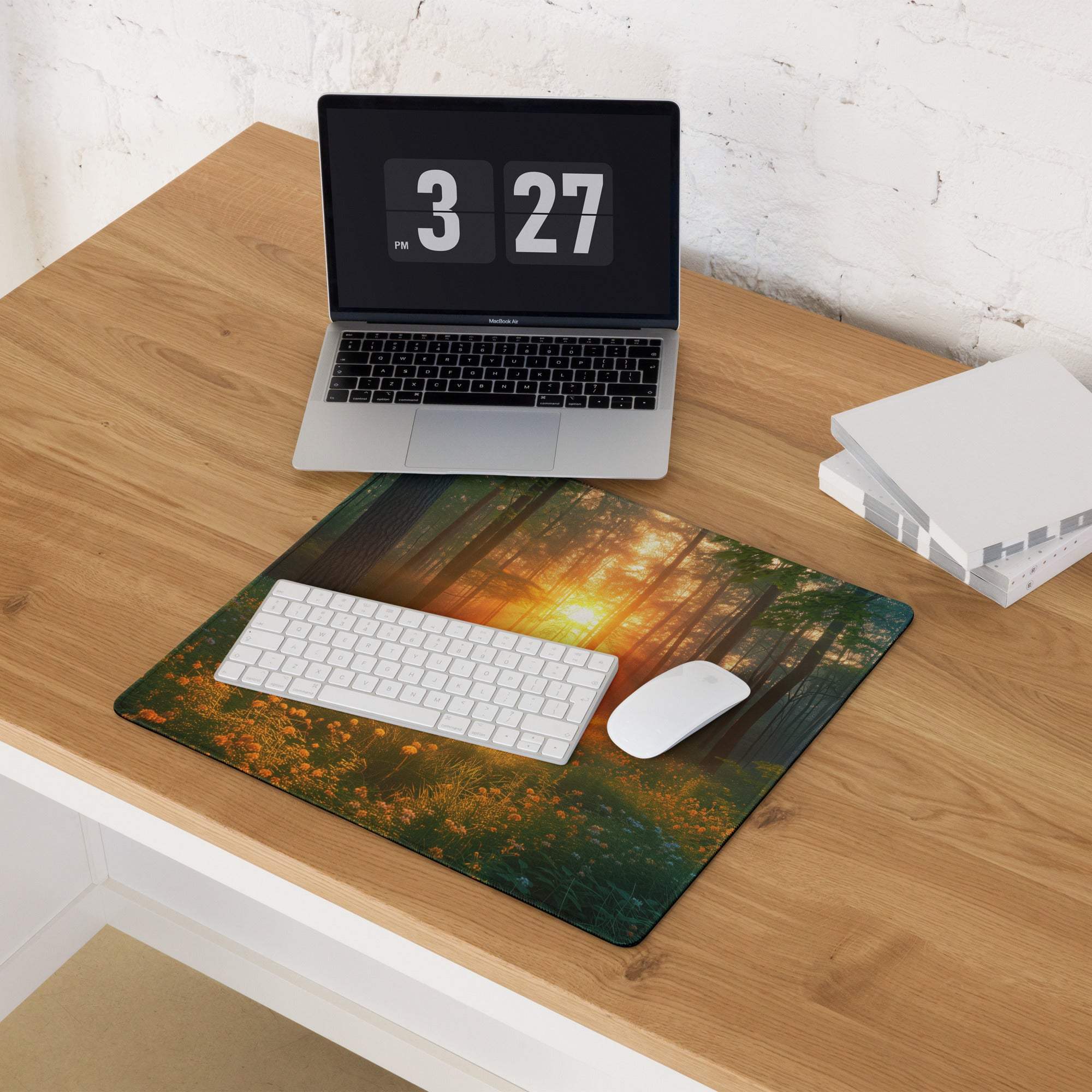 Forest Sunrise large gaming mouse pad with vibrant sunset trees and non-slip base