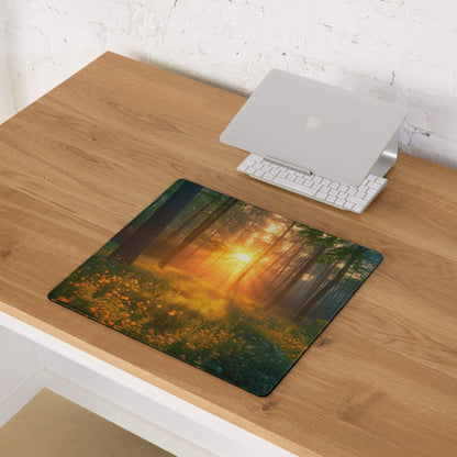 Forest Sunrise large gaming mouse pad with vivid forest scene and non-slip base