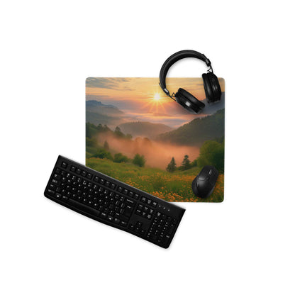 Black over-ear headphones on Epic Golden Hour Sunrise Mountain mousepad