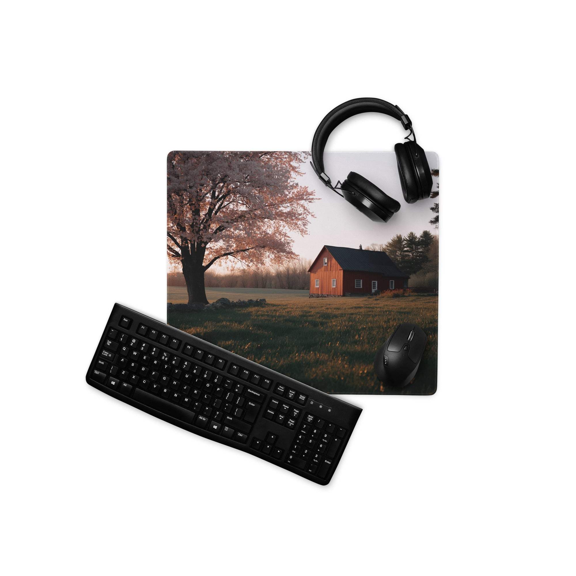 Pastoral autumn red barn tree blossoms gaming mouse pad large surface