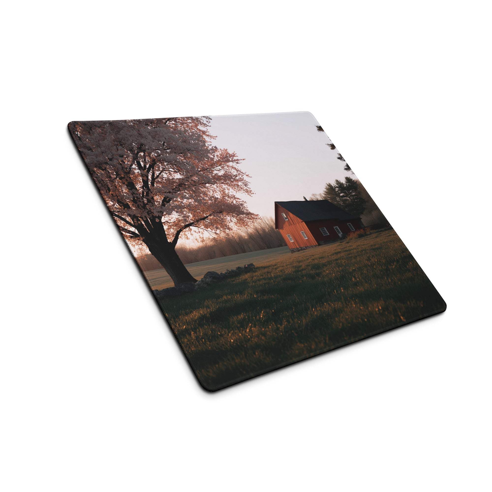 Red barn with blossoming trees on pastoral autumn gaming mouse pad coaster