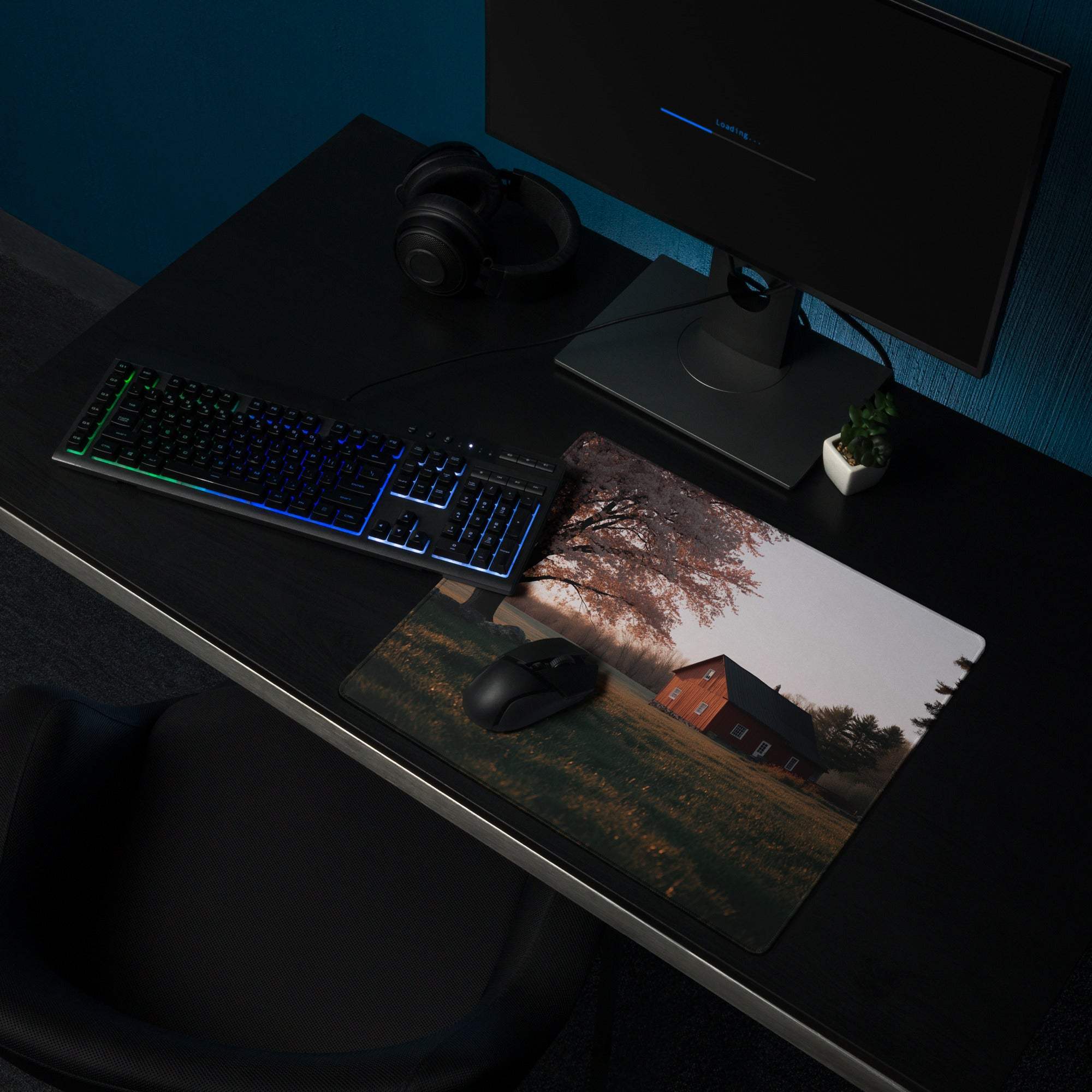 Pastoral autumn red barn landscape gaming mouse pad on dark desk