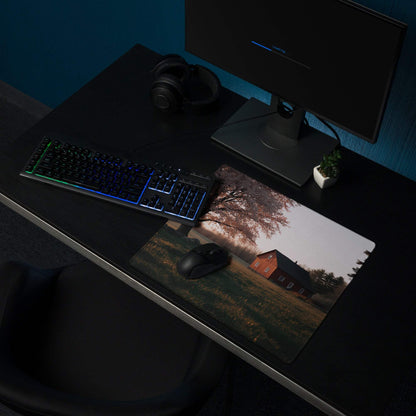 Pastoral autumn red barn landscape gaming mouse pad on dark desk